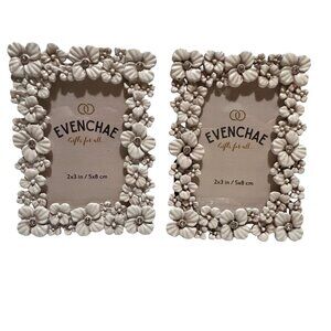 Evenchae 2x3 Inch Floral Resin Photo Frames Set of 2 Ivory White Rhinestones New